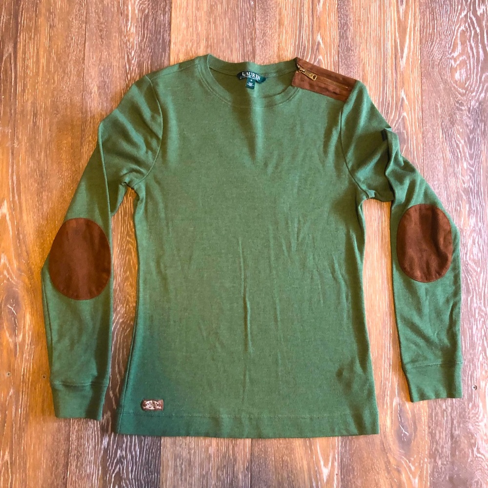 lauren by ralph lauren green shirt with brown elbow patches